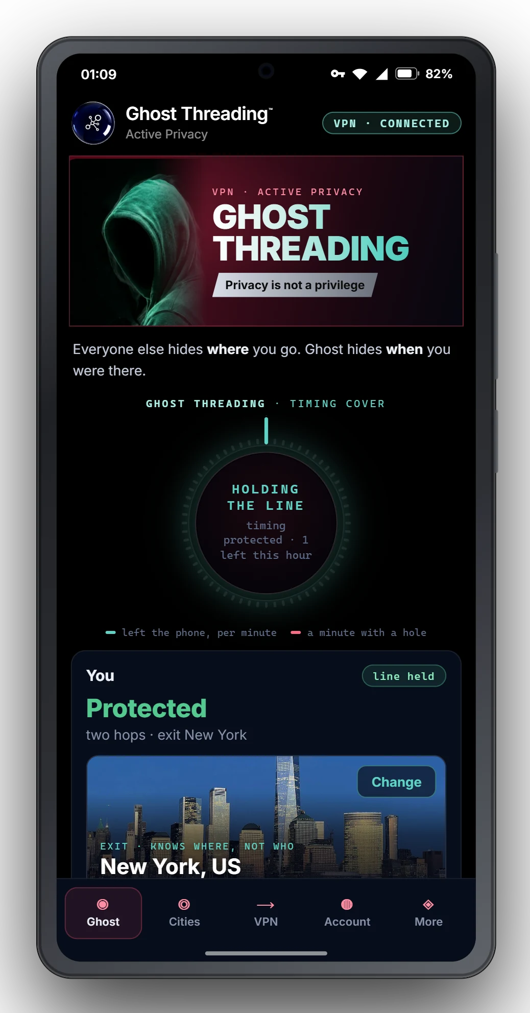 Ghost on Android: VPN connected, holding the line, protected over two hops with the exit in New York