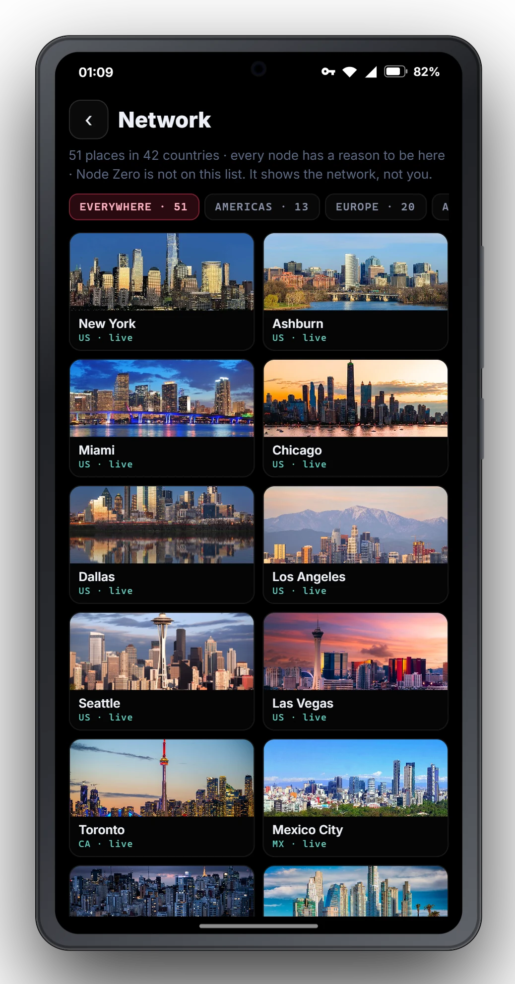 The Network screen: every city with its photograph, by region