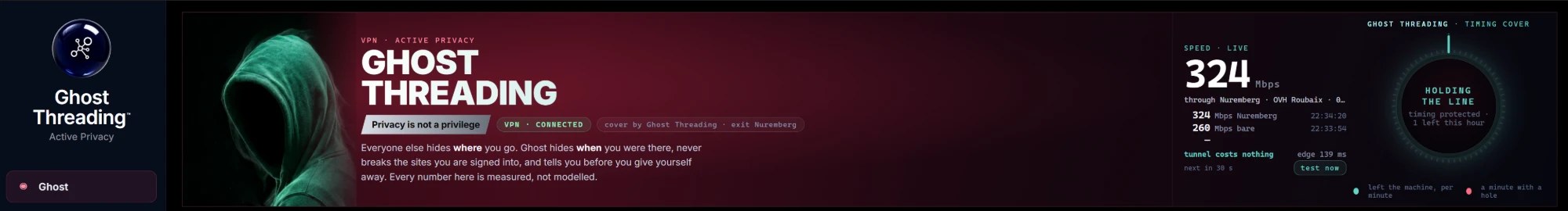 The top of the Ghost Threading app: the poster banner reading VPN connected, a live speed of 324 megabits per second, and the timing-cover ring reading Holding the line.